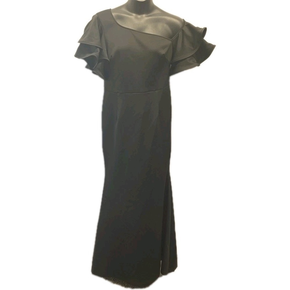 Faeriesty Maxi Dress Womens 1XL Black One Shoulder Ruffle Mermaid Formal Gown